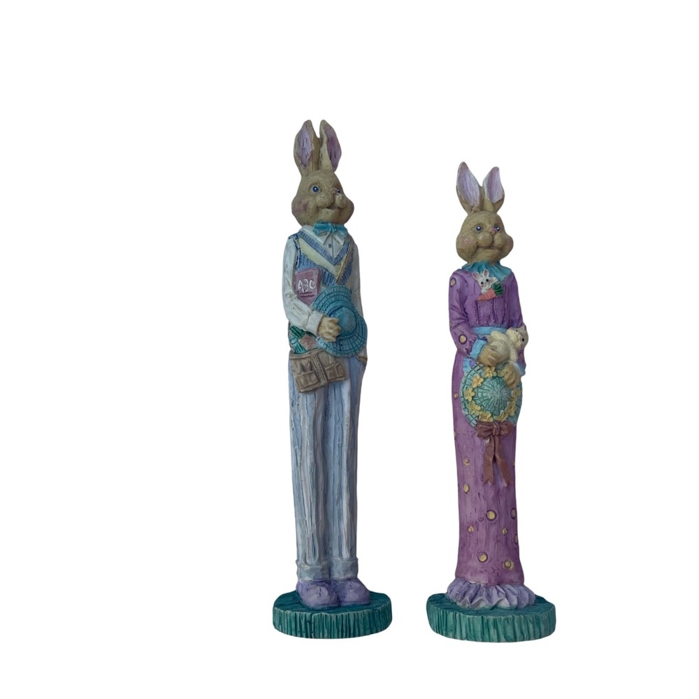 Set of 2 Easter Bunny Figurines Spring Decor‎ Tabletop Shelf Display Small